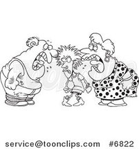 Cartoon Black and White Line Drawing of a Dysfunctional Family Fighting by Toonaday