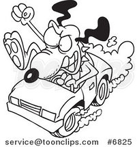 Cartoon Black and White Line Drawing of a Driving Dog with Road Rage by Toonaday