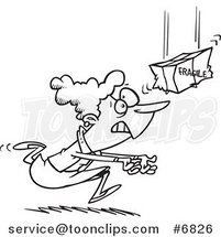 Cartoon Black and White Line Drawing of a Lady Catching a Fragile Package by Toonaday