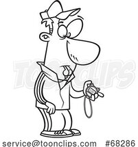Black and White Cartoon Coach or PE Teacher with a Whistle and Timer by Toonaday