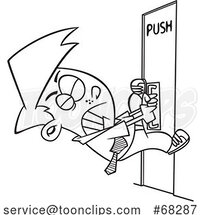 Black and White Cartoon Guy Pulling on a Door That Says Push by Toonaday