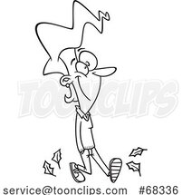 Black and White Cartoon Happy Lady Taking a Walk in Autumn by Toonaday