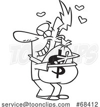 Cartoon Outline Guy Hugging a Money Bag by Toonaday