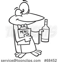 Cartoon Black and White Maitre D Penguin Holding Wine and a Menu by Toonaday