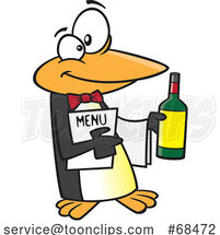 Cartoon Maitre D Penguin Holding Wine and a Menu by Toonaday