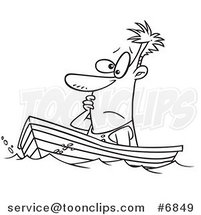 Cartoon Black and White Line Drawing of a Guy Drifting in a Boat by Toonaday