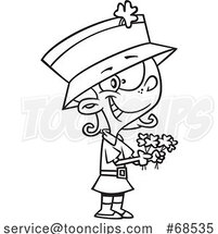 Cartoon Black and White St Patricks Day Leprechaun Girl Holding Shamrocks by Toonaday