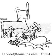 Cartoon Black and White Line Drawing of a Clumsy Business Man Falling on His Face by Toonaday