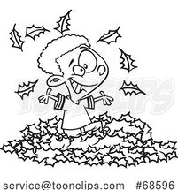 Cartoon Lineart Black Boy Playing in Autumn Leaves by Toonaday