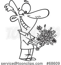 Cartoon Black and White Sweet Guy Holding Flowers by Toonaday