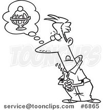 Cartoon Black and White Line Drawing of a Drooling Guy Thinking of a Sundae by Toonaday