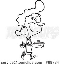 Cartoon Black and White Happy Housewife Carrying a Casserole by Toonaday