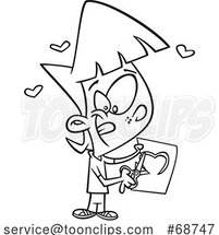 Cartoon Black and White Little Girl Cutting a Heart in a Valentines Day Card by Toonaday