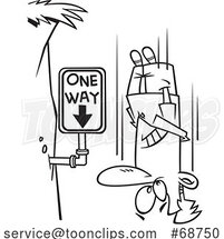 Cartoon Black and White Falling Guy Passing a One Way Sign by Toonaday