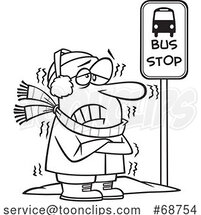 Cartoon Black and White Guy Shivering at a Bus Stop in Winter by Toonaday