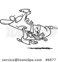 Cartoon Black and White Line Drawing of a Drooling Business Man Running by Toonaday