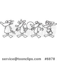 Cartoon Black and White Line Drawing of Ducks in a Row by Toonaday