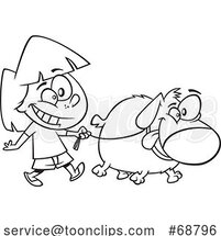 Clipart Cartoon Black and White Girl Walking a Dog by Toonaday