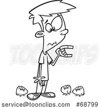 Clipart Cartoon Black and White Boy Holding a Magnet and Attracting Chicks by Toonaday