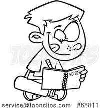 Clipart Cartoon Black and White Boy Writing Notes by Toonaday