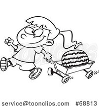 Clipart Cartoon Black and White Girl Pulling a Watermelon in a Wagon by Toonaday