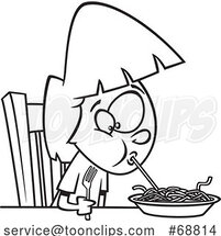 Clipart Cartoon Black and White Girl Sucking up a Spaghetti Noodle by Toonaday