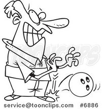 Cartoon Black and White Line Drawing of a Guy Dropping a Bowling Ball on His Foot by Toonaday