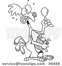 Cartoon Black and White Line Drawing of a Scared Chicken Holding a Drumstick by Toonaday