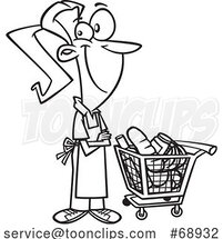 Cartoon Black and White Female Grocer with a Cart Full of Food by Toonaday