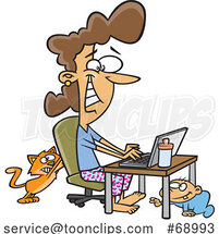 Cartoon Lady Working at Home As Her Baby Crawls and Cat Scratches Her Chair by Toonaday