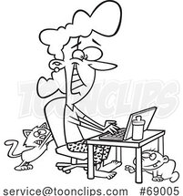 Cartoon Black and White Lady Working at Home As Her Baby Crawls and Cat Scratches Her Chair by Toonaday