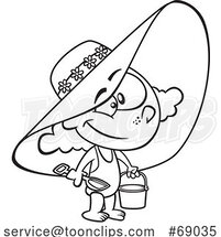 Cartoon Black and White Girl Wearing a Beach Hat and Swimsuit and Carrying a Beach Bucket by Toonaday