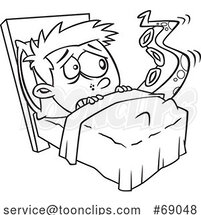 Cartoon Black and White Scared Boy with a Tentacled Monster Emerging from Under the Bed by Toonaday