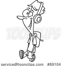 Cartoon Lineart Teen Guy Walking and Wearing Headphones by Toonaday