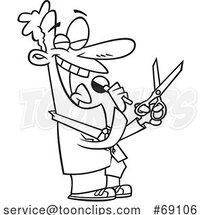 Cartoon Lineart Guy Talking into a Microphone and Holding Scissors by Toonaday