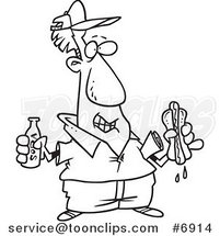 Cartoon Black and White Line Drawing of a Guy with Soda and a Hot Dog by Toonaday