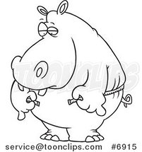 Cartoon Black and White Line Drawing of a Big Hippo Measuring His Waist with a Short Tape by Toonaday