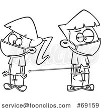 Cartoon Black and White Kids Wearing Masks and Keeping Social Distance with a Tape Measure by Toonaday