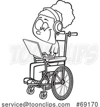 Cartoon Black and White Girl in a Wheelchair Using a Laptop Computer for Distance Learning by Toonaday
