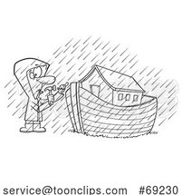 Cartoon Lineart Guy Building an Ark in the Rain by Toonaday