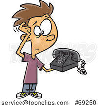Cartoon Boy Scratching His Head and Looking at an Old Fashioned Telephone by Toonaday