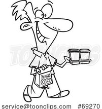Cartoon Lineart Happy Work Gofer Guy Carrying Coffee and Donuts by Toonaday
