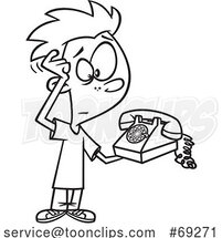 Cartoon Lineart Boy Scratching His Head and Looking at an Old Fashioned Telephone by Toonaday