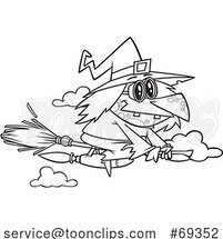 Black and White Cartoon Halloween Witch Flying on a Jet Broomstick by Toonaday
