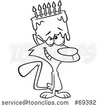 Cartoon Outline Happy Cat with a Birthday Cake on His Head by Toonaday