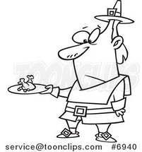 Cartoon Black and White Line Drawing of a Pilgrim Guy Carrying a Meagre Meal by Toonaday