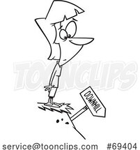Cartoon Outline Lady Standing on a Cliff and Looking at a Downhill Sign by Toonaday