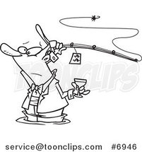 Cartoon Black and White Line Drawing of a Guy Fancy Fishing with Wine by Toonaday