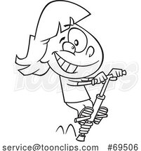 Cartoon Black and White Girl Playing on a Pogo Stick by Toonaday