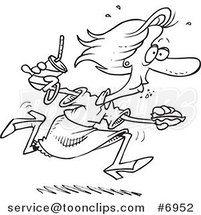 Cartoon Black and White Line Drawing of a Lady Eating on the Run by Toonaday